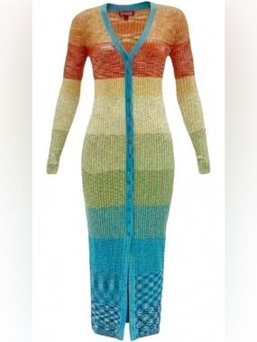 STAUD Multicolor Shoko Striped Knit  Blue & Orange Accents Maxi Sweater Dress M